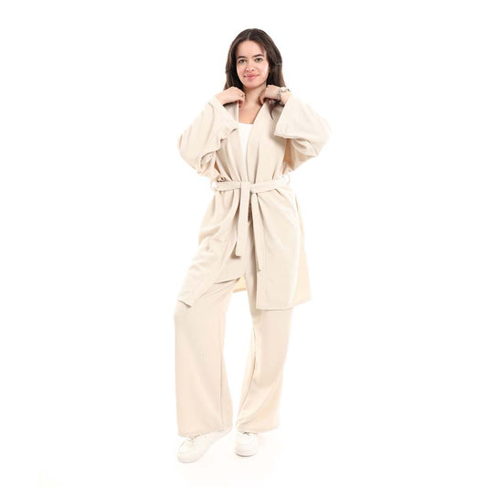 Open Front Belted Tunic with Matching Flowy Trousers