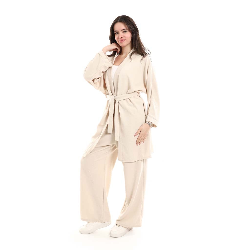 Open Front Belted Tunic with Matching Flowy Trousers