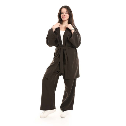Open Front Belted Tunic with Matching Flowy Trousers