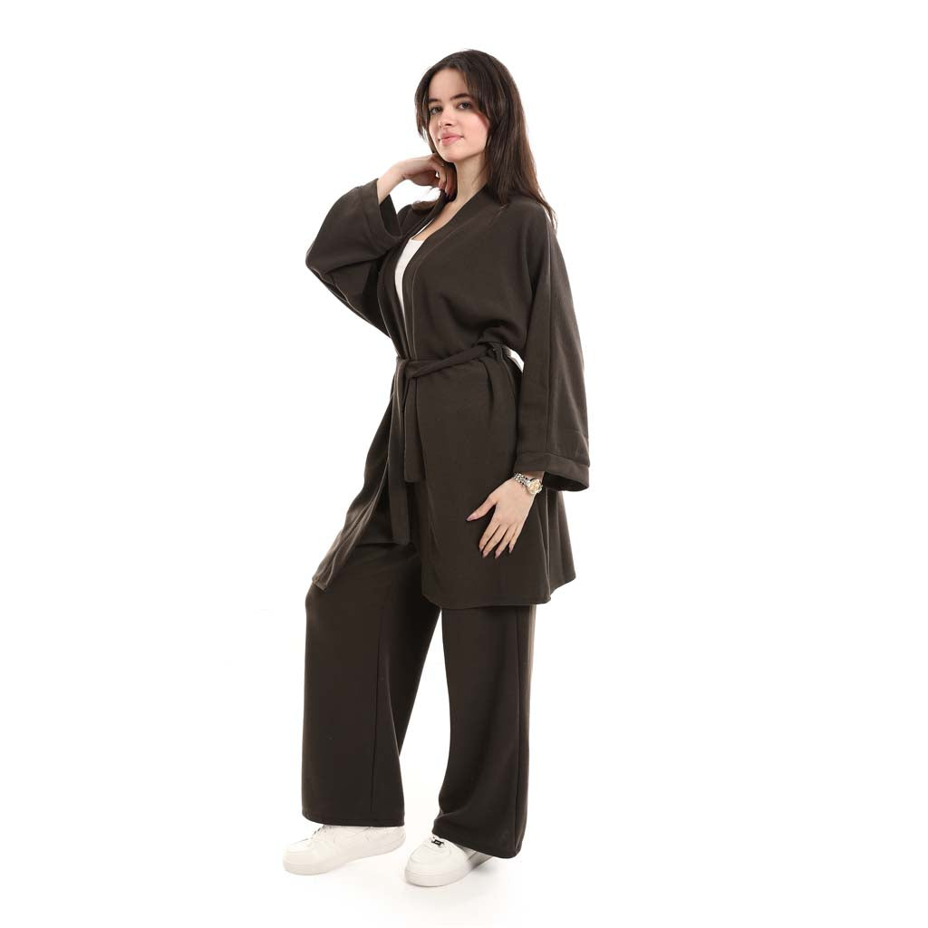 Open Front Belted Tunic with Matching Flowy Trousers