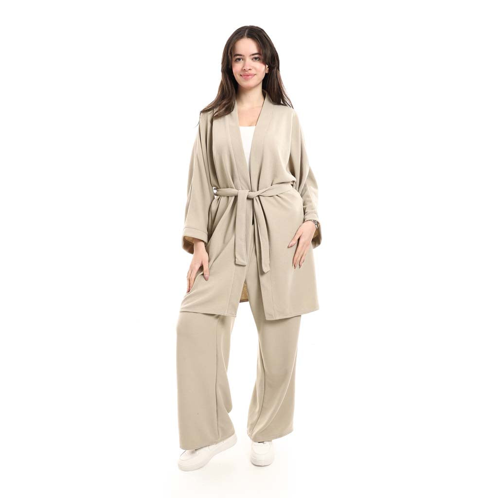 Open Front Belted Tunic with Matching Flowy Trousers
