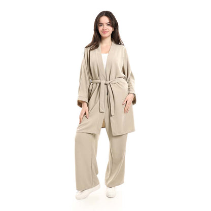 Open Front Belted Tunic with Matching Flowy Trousers