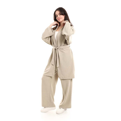 Open Front Belted Tunic with Matching Flowy Trousers