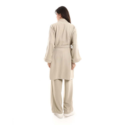 Open Front Belted Tunic with Matching Flowy Trousers