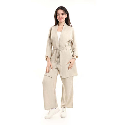 Open Front Belted Tunic with Matching Flowy Trousers