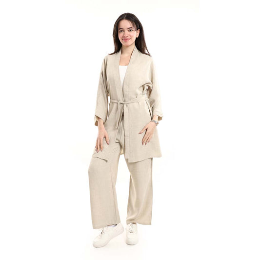 Open Front Belted Tunic with Matching Flowy Trousers