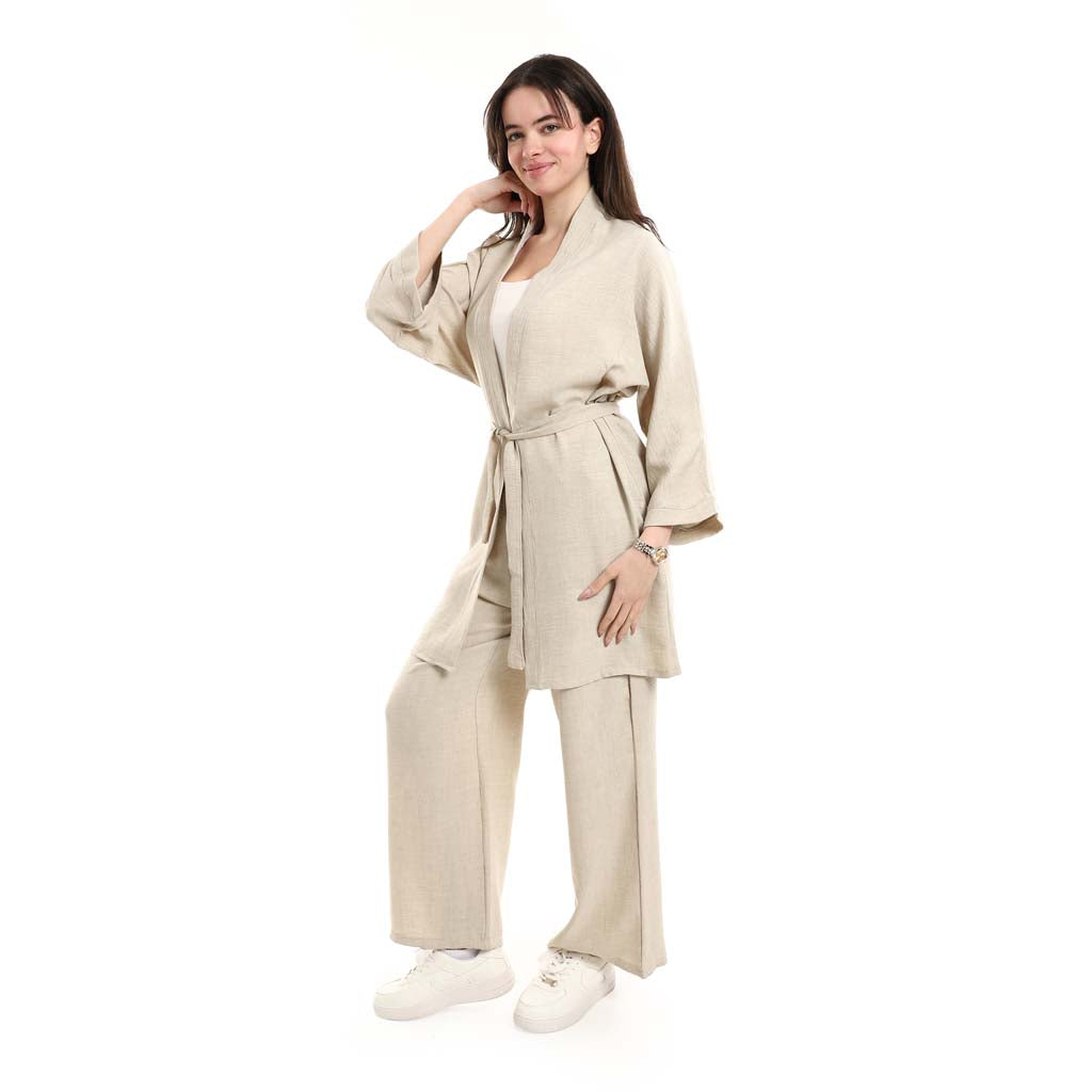Open Front Belted Tunic with Matching Flowy Trousers