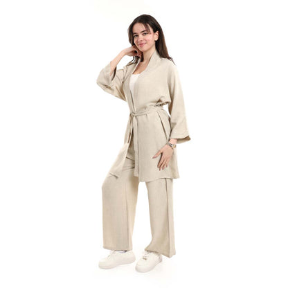 Open Front Belted Tunic with Matching Flowy Trousers