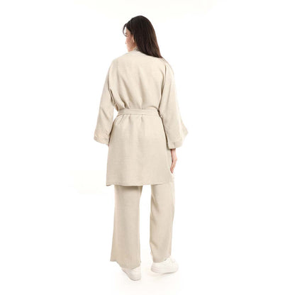 Open Front Belted Tunic with Matching Flowy Trousers