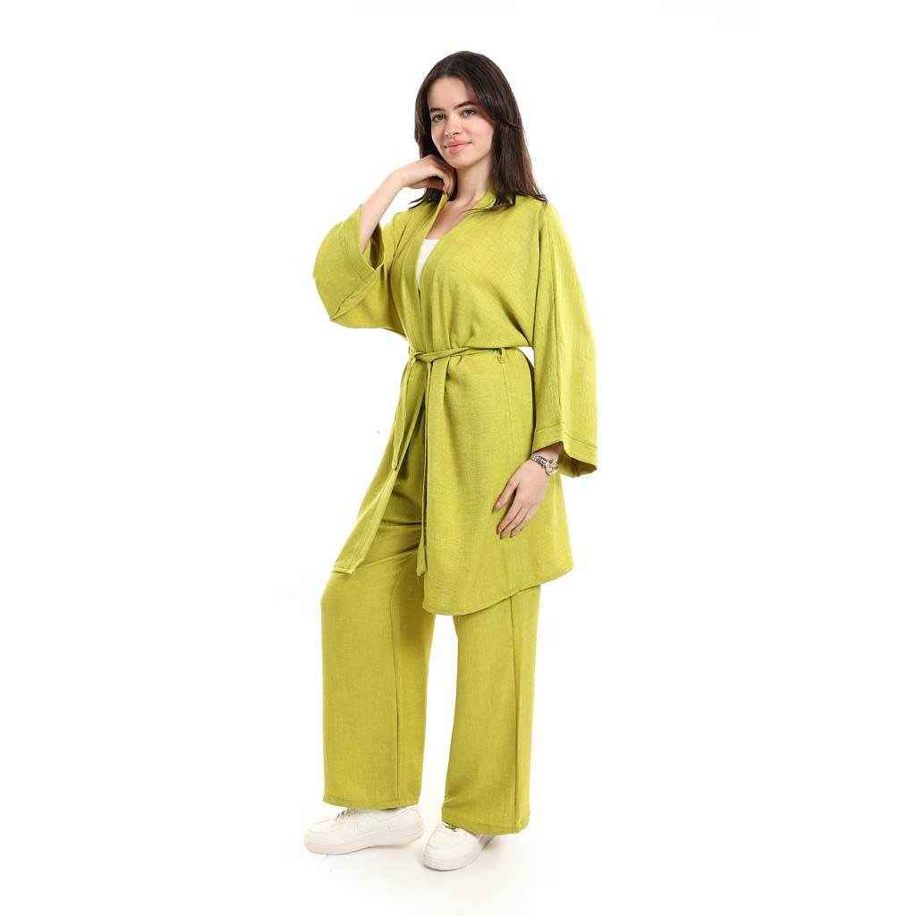 Open Front Belted Tunic with Matching Flowy Trousers