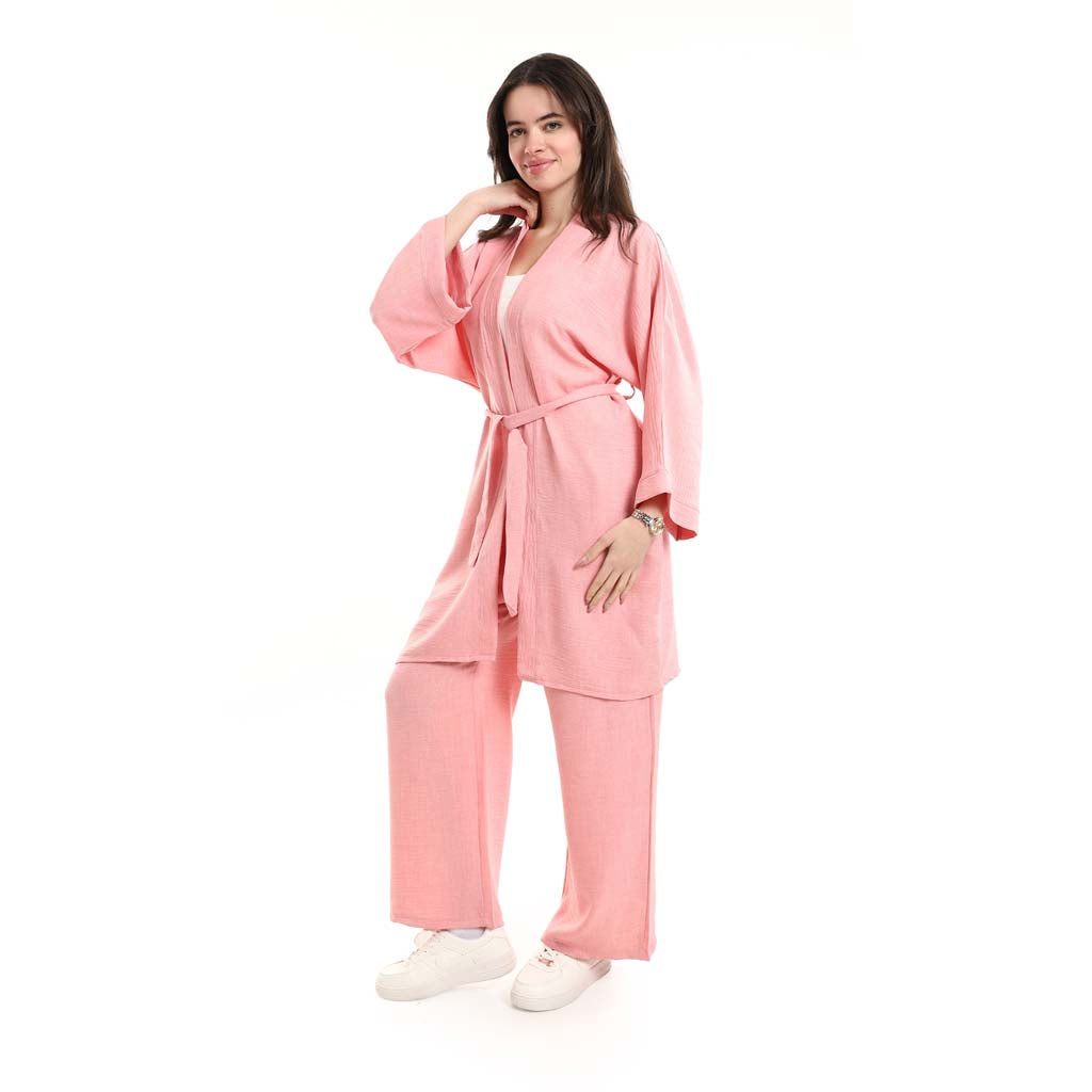 Open Front Belted Tunic with Matching Flowy Trousers