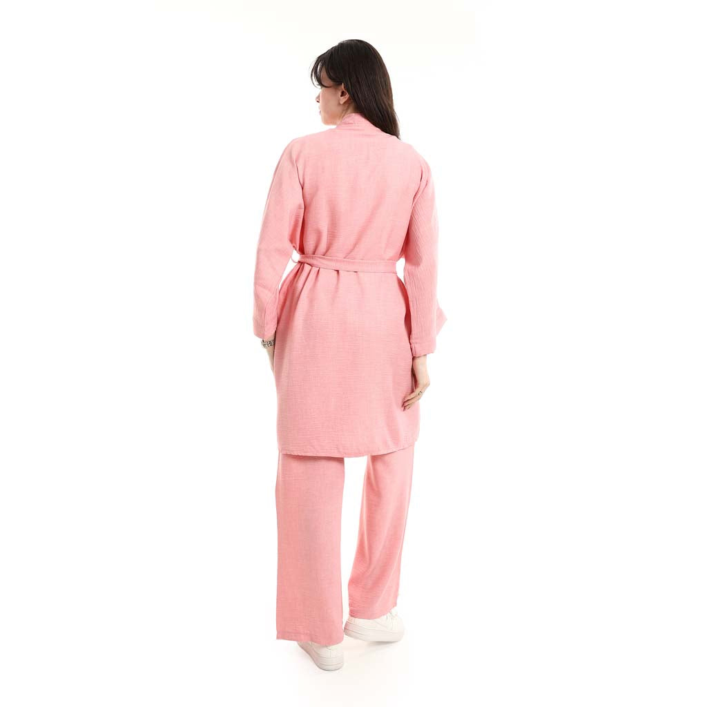 Open Front Belted Tunic with Matching Flowy Trousers
