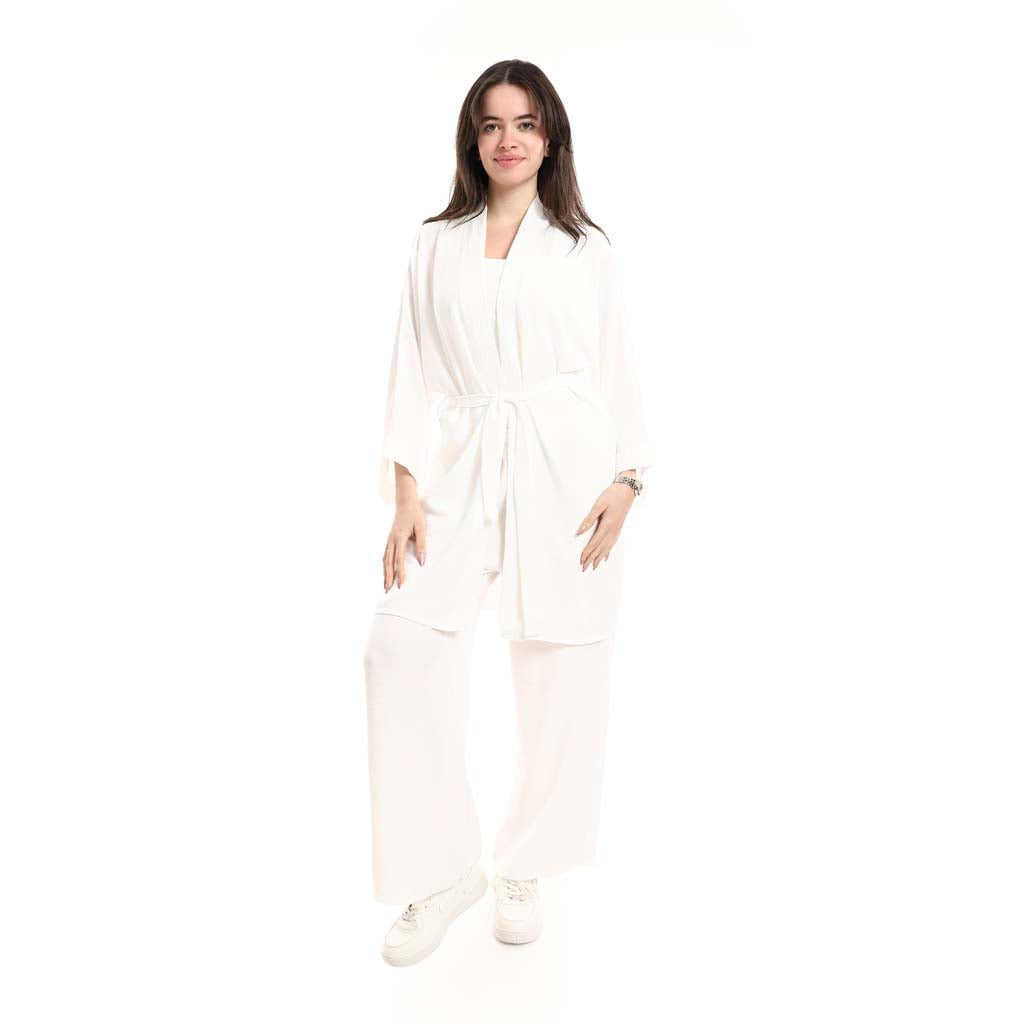 Open Front Belted Tunic with Matching Flowy Trousers