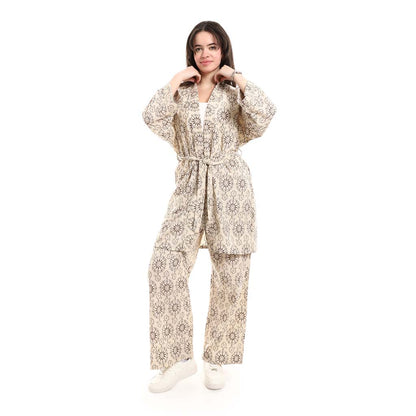 Open Front Belted Tunic with Matching Flowy Trousers