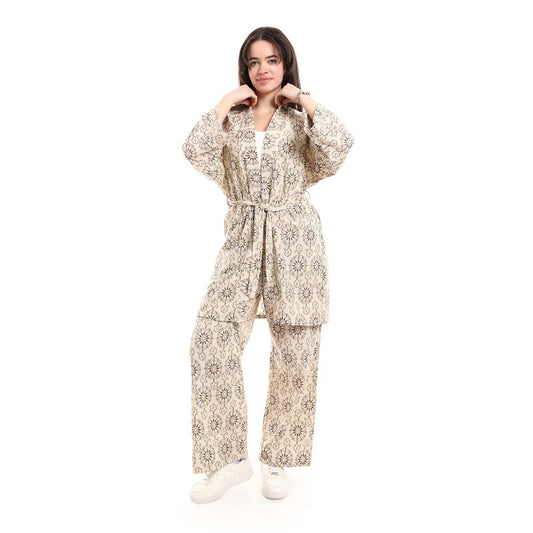 Open Front Belted Tunic with Matching Flowy Trousers