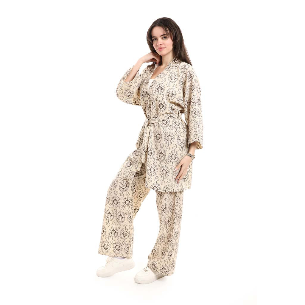 Open Front Belted Tunic with Matching Flowy Trousers