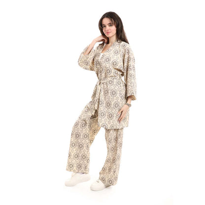 Open Front Belted Tunic with Matching Flowy Trousers