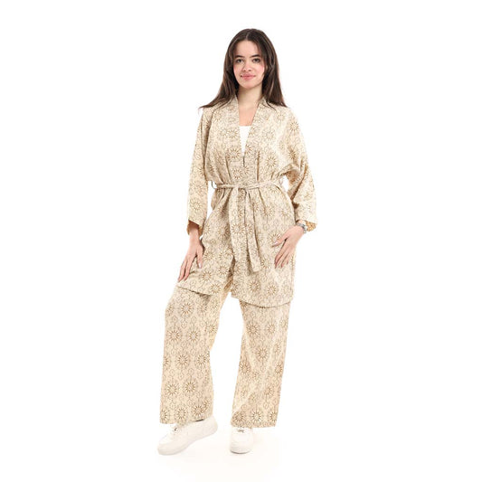 Open Front Belted Tunic with Matching Flowy Trousers