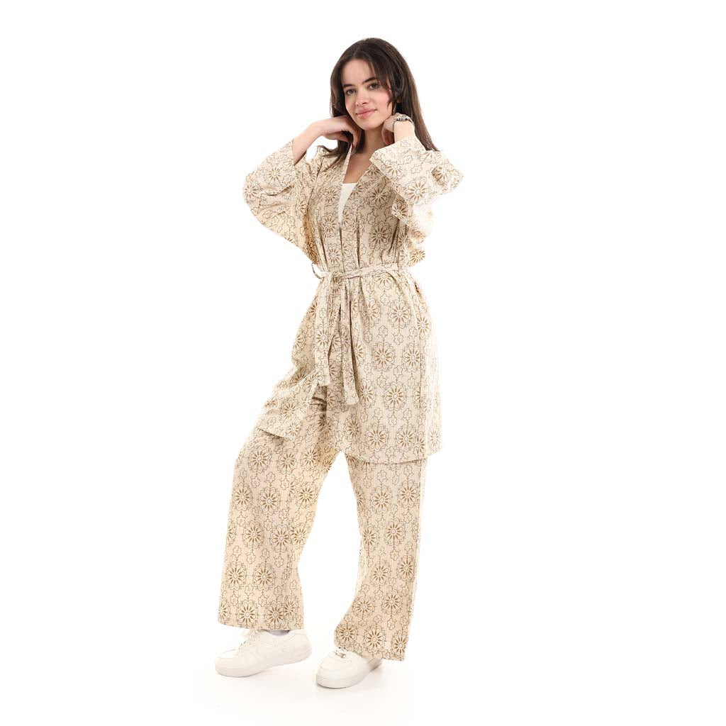 Open Front Belted Tunic with Matching Flowy Trousers