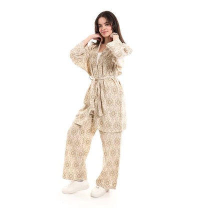 Open Front Belted Tunic with Matching Flowy Trousers
