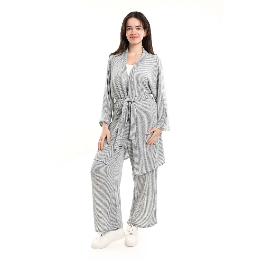 Open Front Belted Tunic with Matching Flowy Trousers