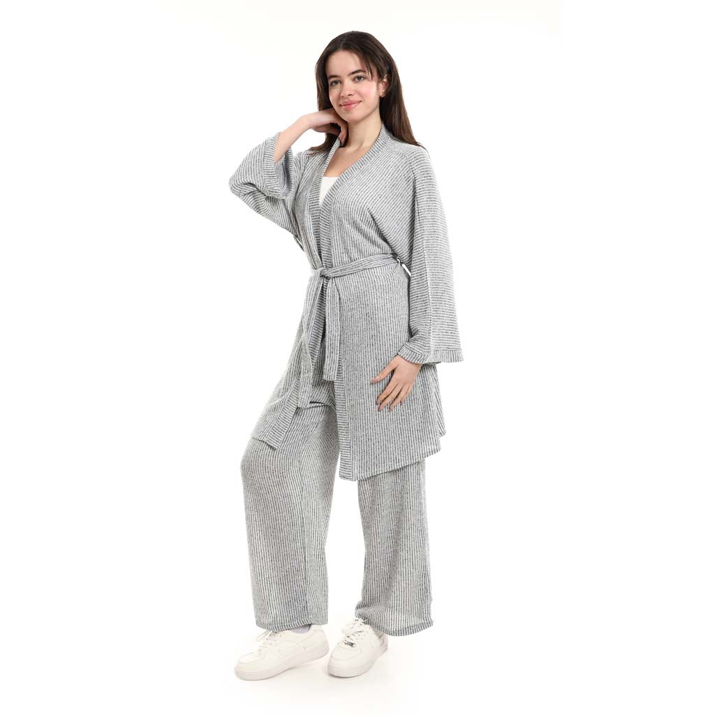 Open Front Belted Tunic with Matching Flowy Trousers