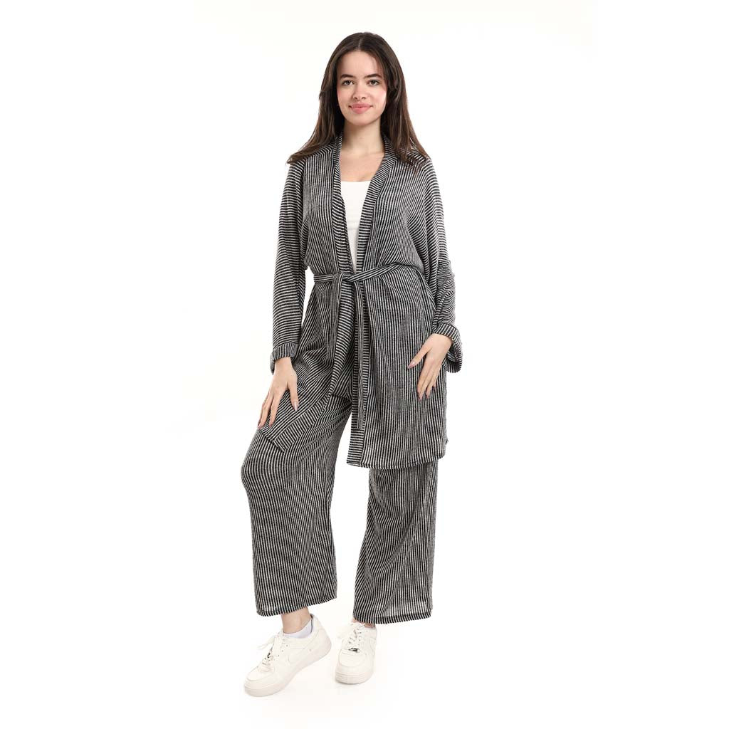 Open Front Belted Tunic with Matching Flowy Trousers