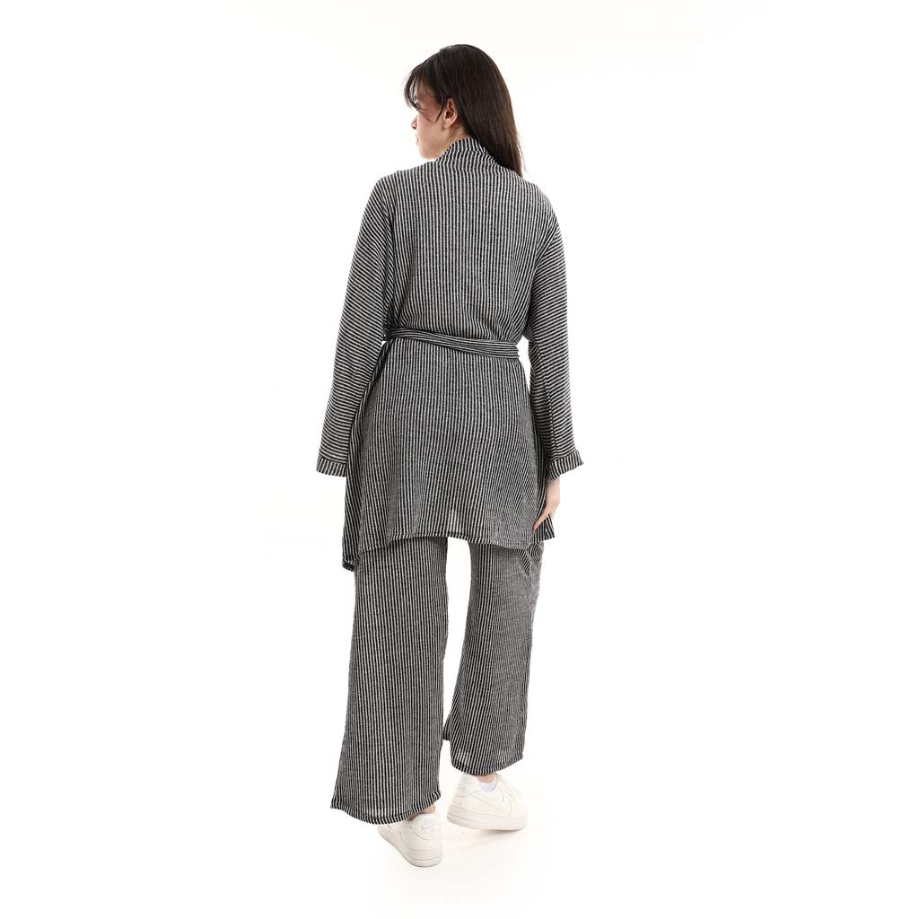Open Front Belted Tunic with Matching Flowy Trousers