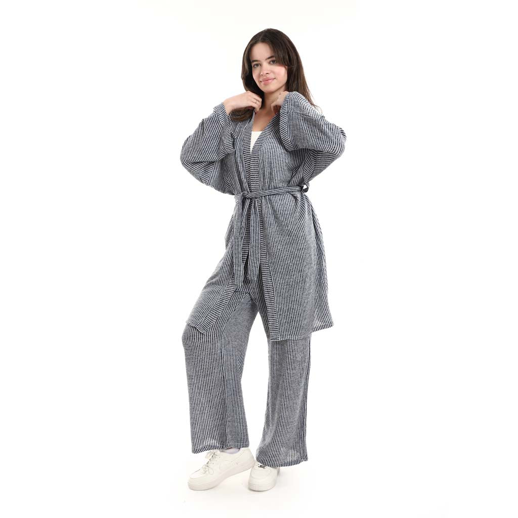 Open Front Belted Tunic with Matching Flowy Trousers