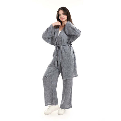 Open Front Belted Tunic with Matching Flowy Trousers