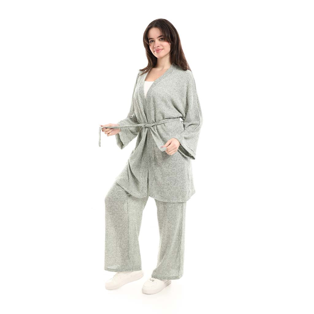 Open Front Belted Tunic with Matching Flowy Trousers