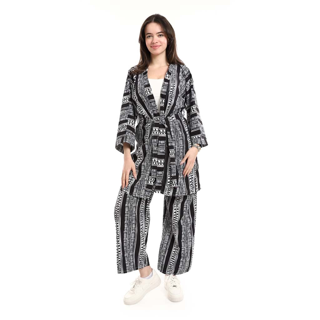 Open Front Belted Tunic with Matching Flowy Trousers