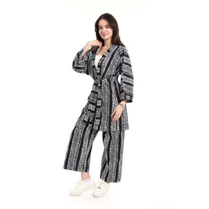 Open Front Belted Tunic with Matching Flowy Trousers