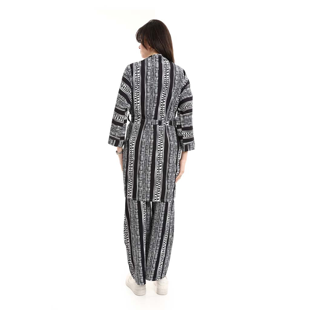 Open Front Belted Tunic with Matching Flowy Trousers