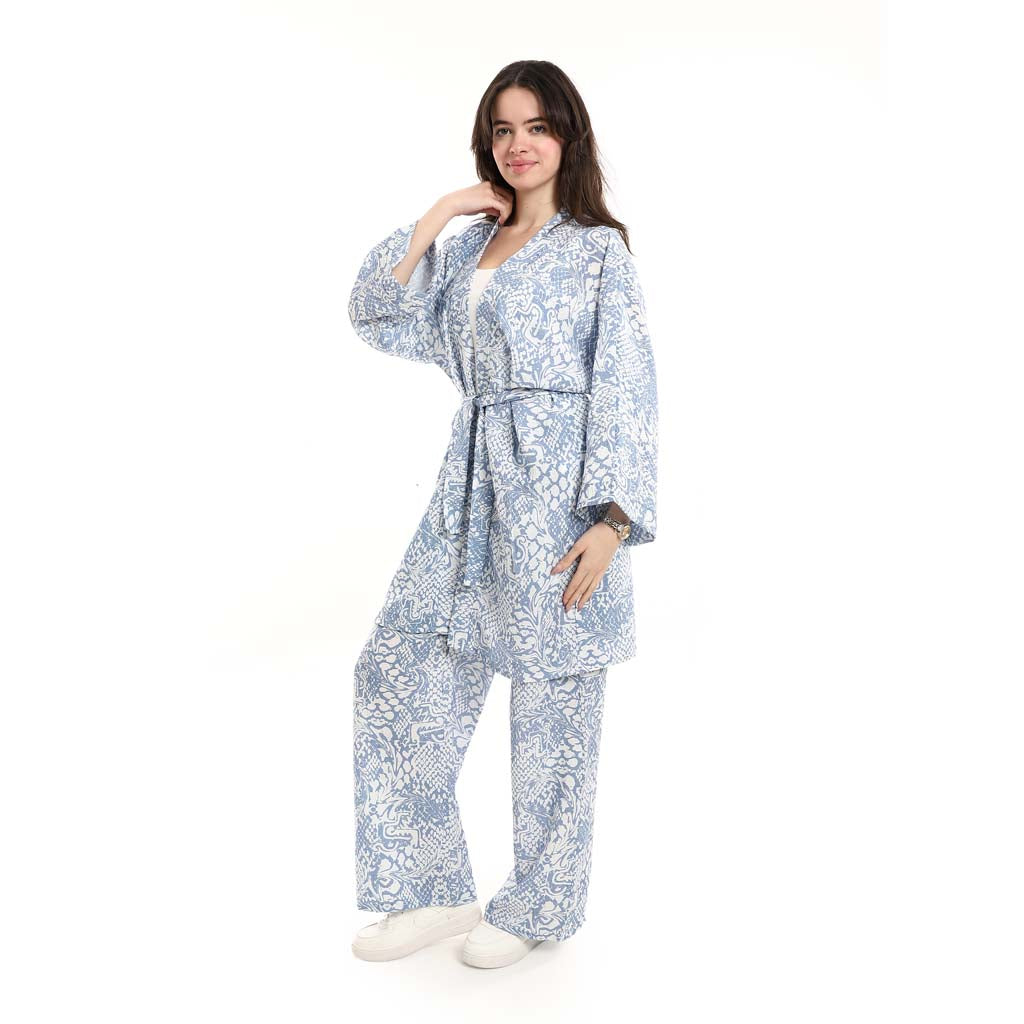 Open Front Belted Tunic with Matching Flowy Trousers