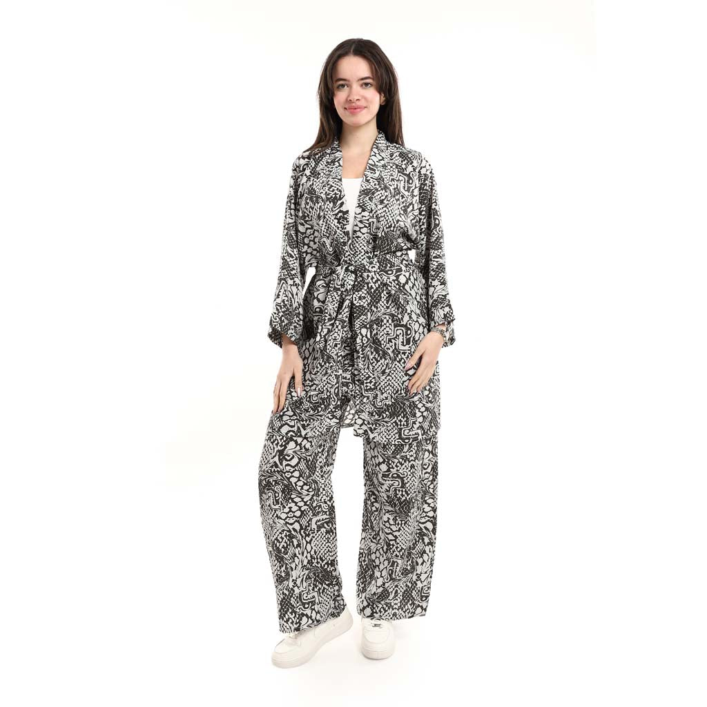 Open Front Belted Tunic with Matching Flowy Trousers