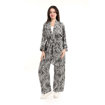 Open Front Belted Tunic with Matching Flowy Trousers