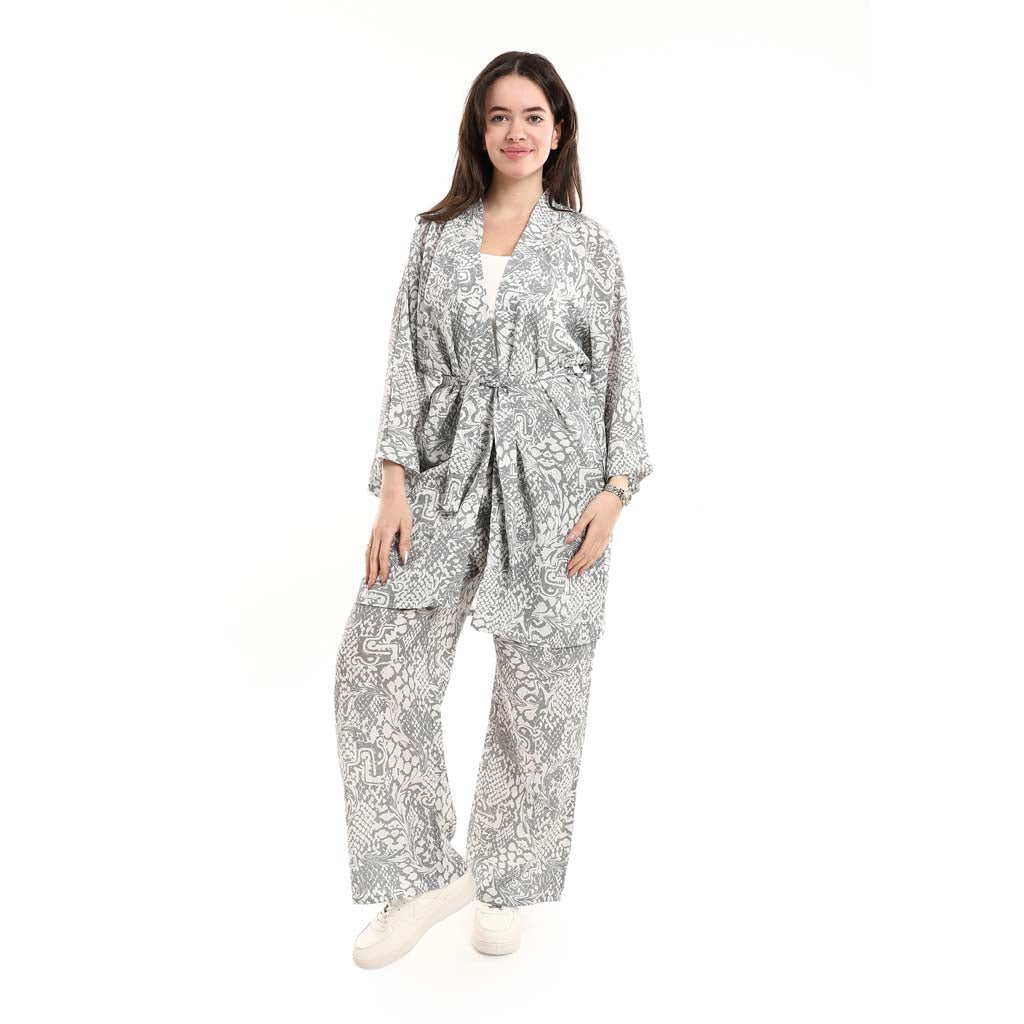 Open Front Belted Tunic with Matching Flowy Trousers