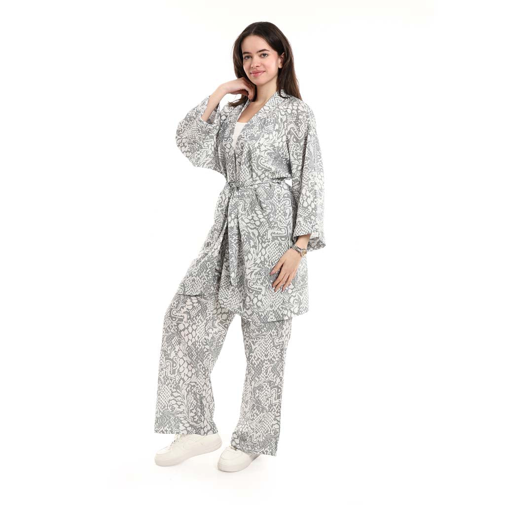 Open Front Belted Tunic with Matching Flowy Trousers