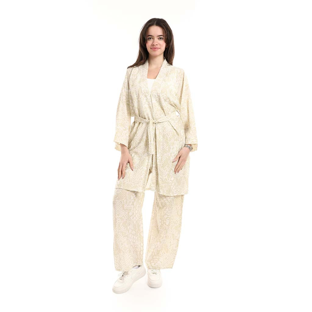 Open Front Belted Tunic with Matching Flowy Trousers