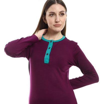 طقم بيجامة نسائي بأكمام طويلة وخصر مطاطي من كادي