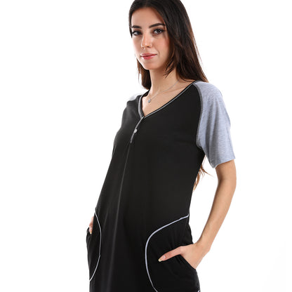 قميص نوم نسائي من كادي بأكمام قصيرة وجيوب أمامية