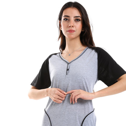 قميص نوم نسائي من كادي بأكمام قصيرة وجيوب أمامية