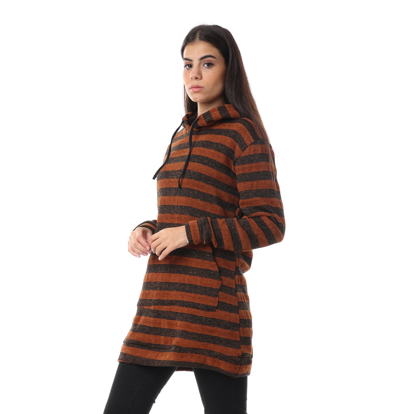 Jamila Striped Kangaroo Pockets Drawstring Hoodie for Women
