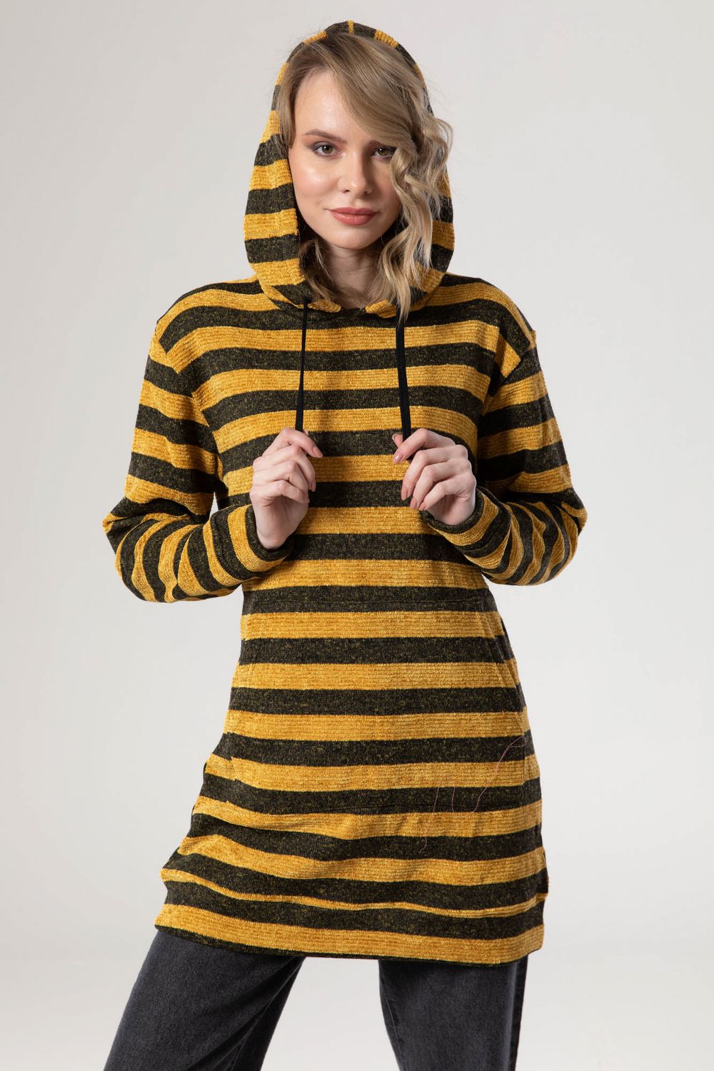 Jamila Striped Kangaroo Pockets Drawstring Hoodie for Women