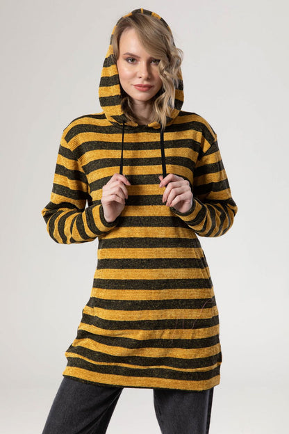 Jamila Striped Kangaroo Pockets Drawstring Hoodie for Women