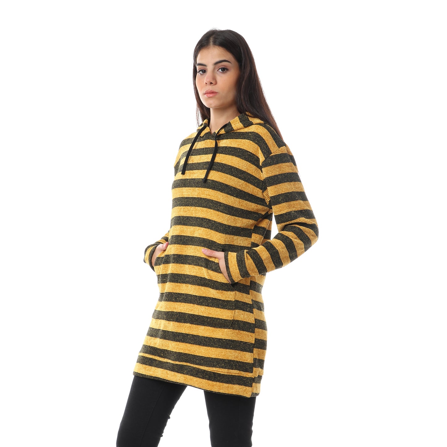 Jamila Striped Kangaroo Pockets Drawstring Hoodie for Women