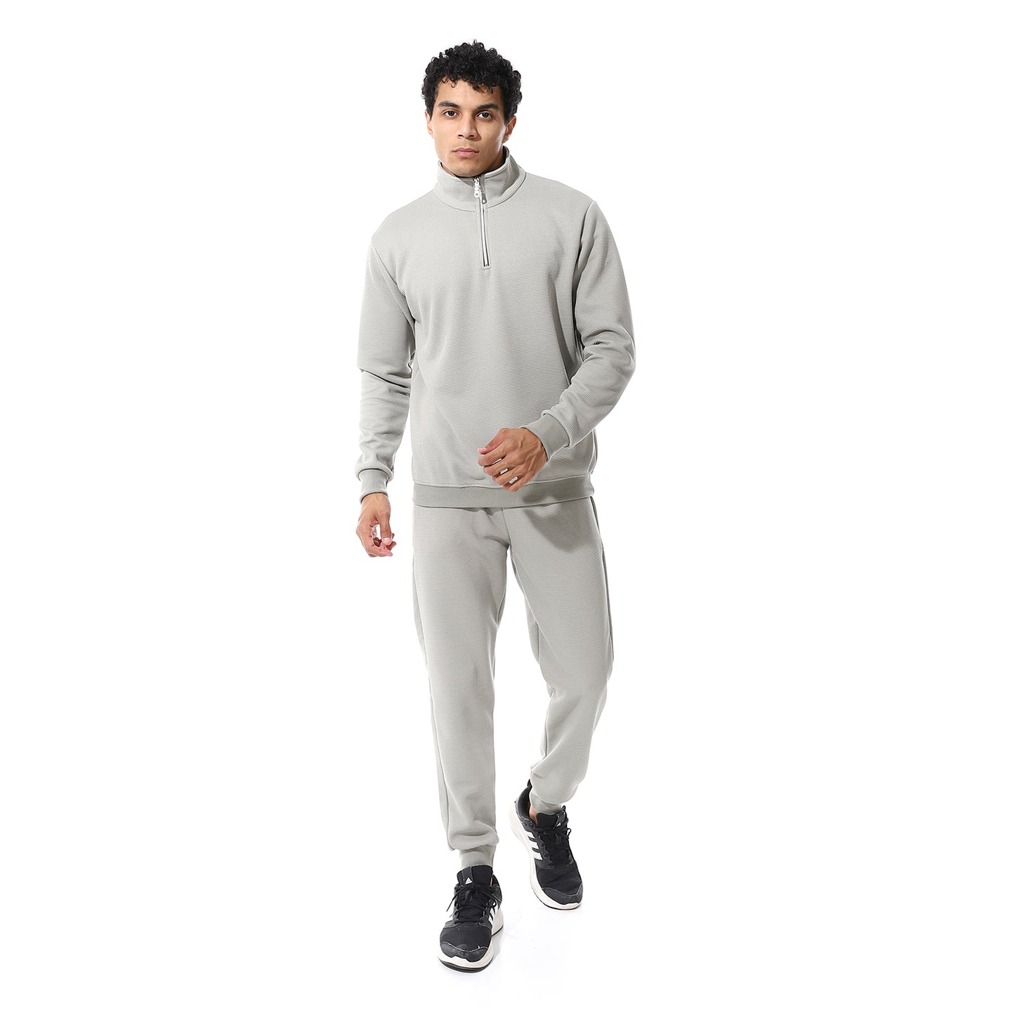 set of pant and ribbed sweatshirt with short zipper