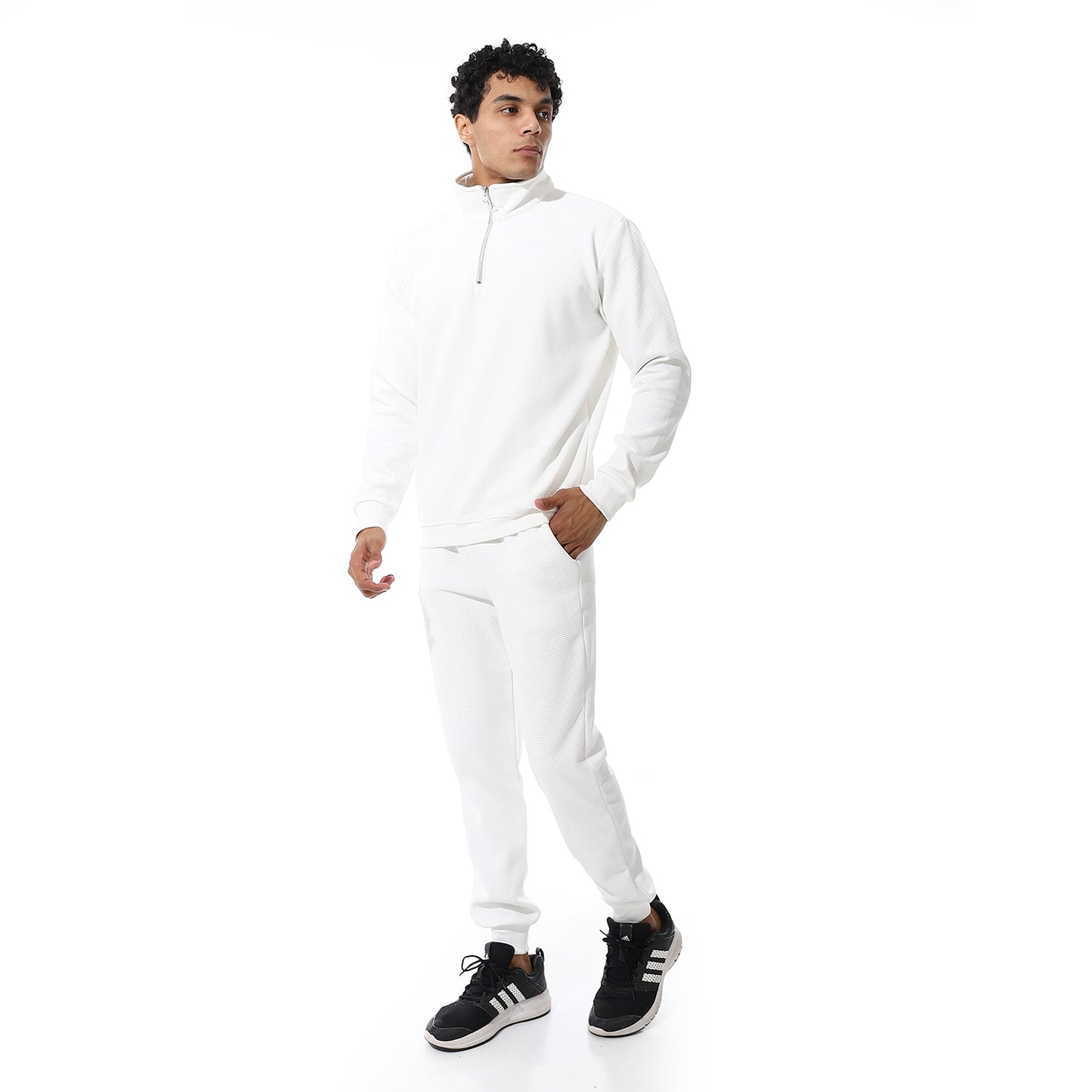 set of pant and ribbed sweatshirt with short zipper