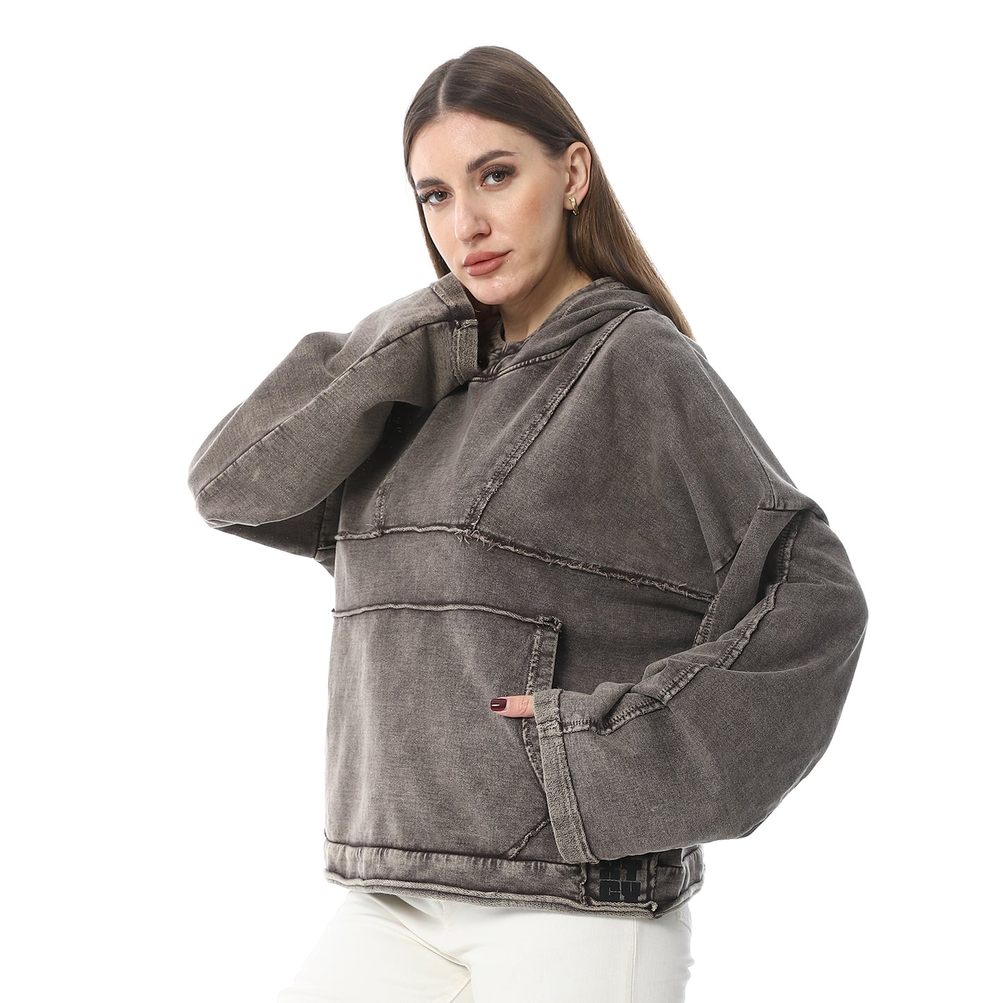 XTCY sweatshirt with a hood and a cut at the chest for women